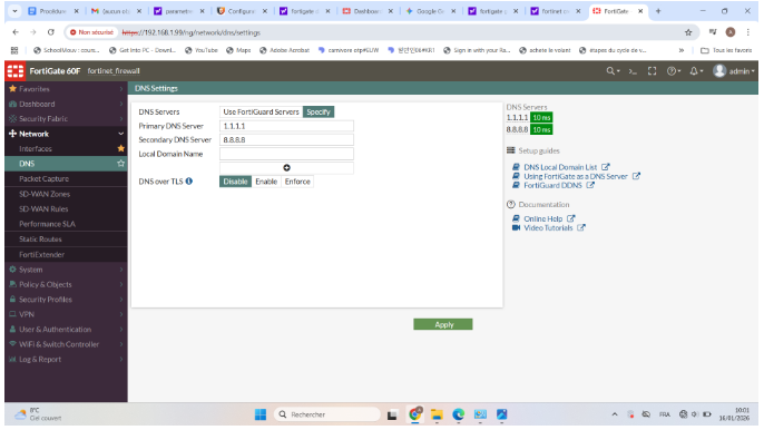 Configuration des serveurs DNS sur Fortinet